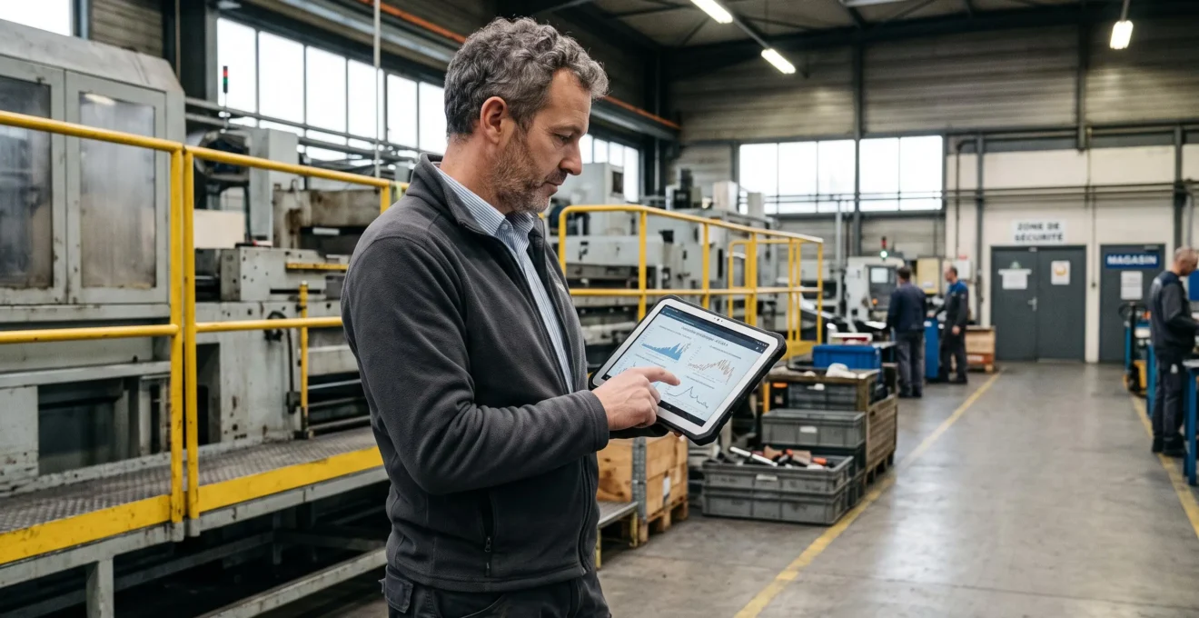Responsable énergie consultant des courbes de charge sur tablette dans un environnement industriel