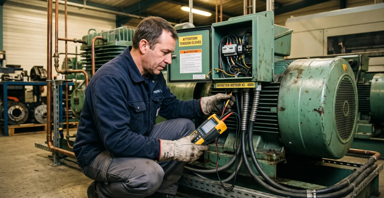 Technicien inspectant des équipements électriques industriels dans une zone de production