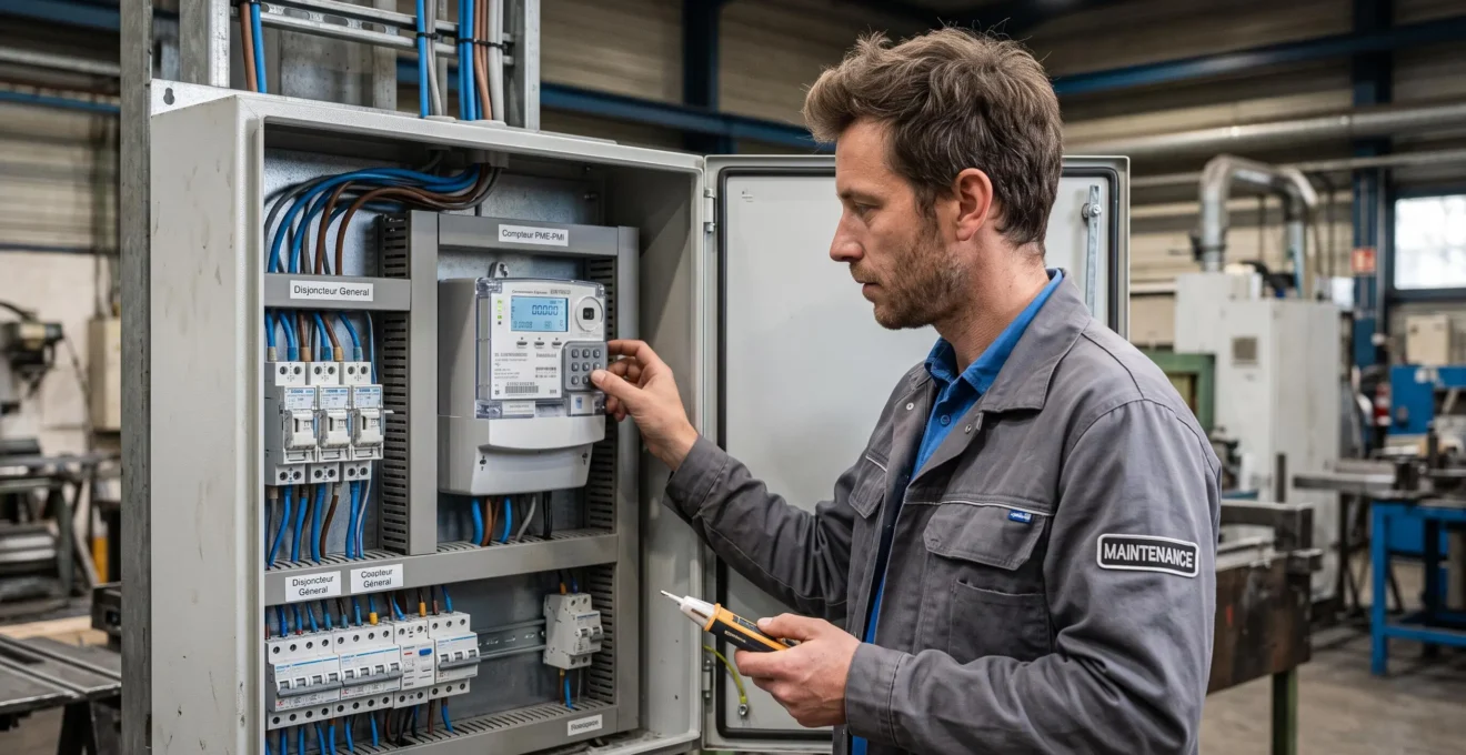 Technicien inspectant un compteur électrique PME-PMI dans une armoire électrique d'installation industrielle