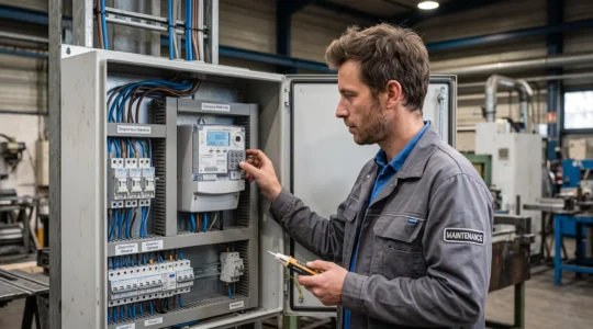 Technicien inspectant un compteur électrique PME-PMI dans une armoire électrique d'installation industrielle