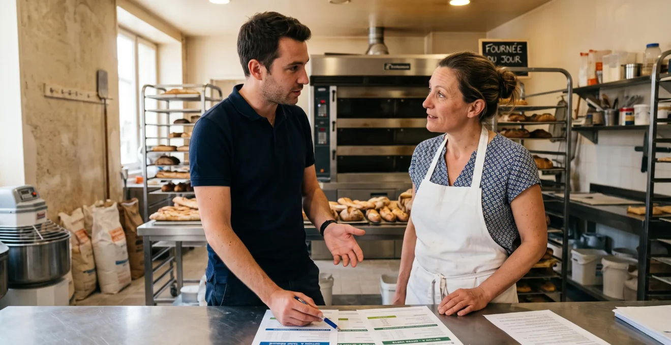 Un conseiller en énergie présente une comparaison d'offres à une boulangère debout dans l'arrière-boutique de sa boulangerie.