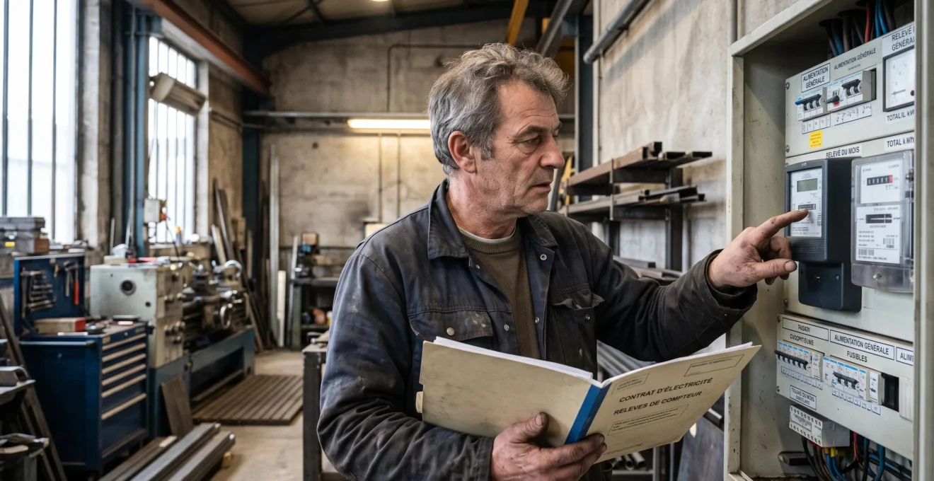 Un dirigeant de PME vérifie les relevés de son compteur électrique sur le tableau de distribution de son atelier, contrat en main.