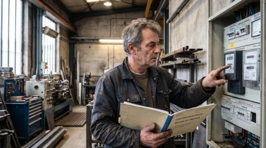 Un dirigeant de PME vérifie les relevés de son compteur électrique sur le tableau de distribution de son atelier, contrat en main.