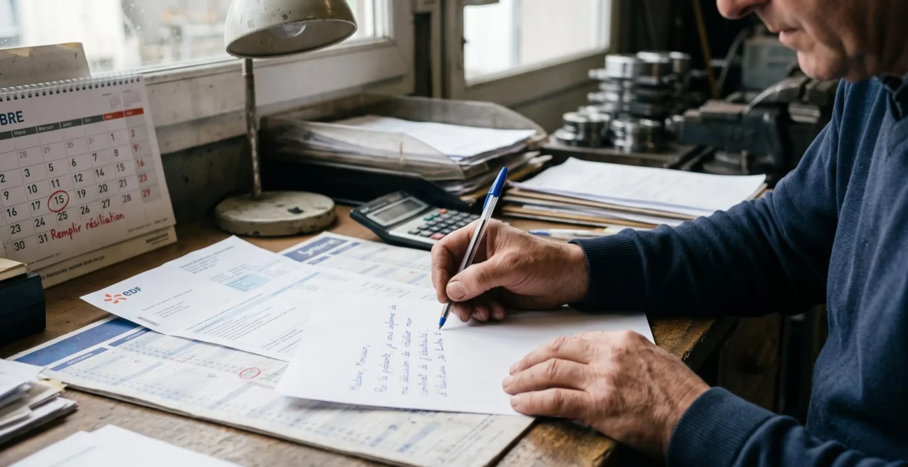 Mains d'un dirigeant rédigeant une lettre de résiliation à côté d'une facture d'électricité et d'un calendrier marqué d'une date.