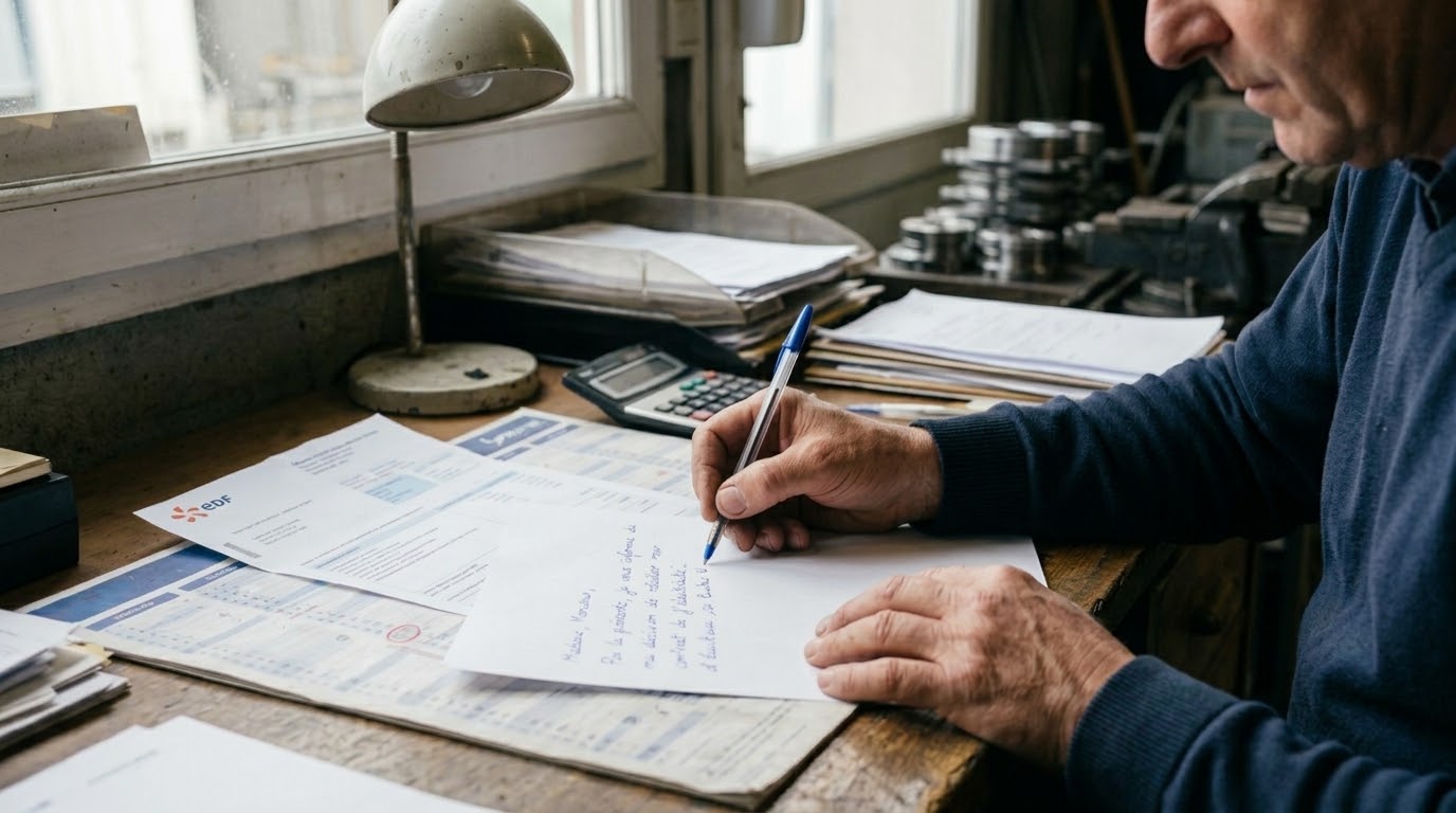 Mains d'un dirigeant rédigeant une lettre de résiliation à côté d'une facture d'électricité et d'un calendrier marqué d'une date.